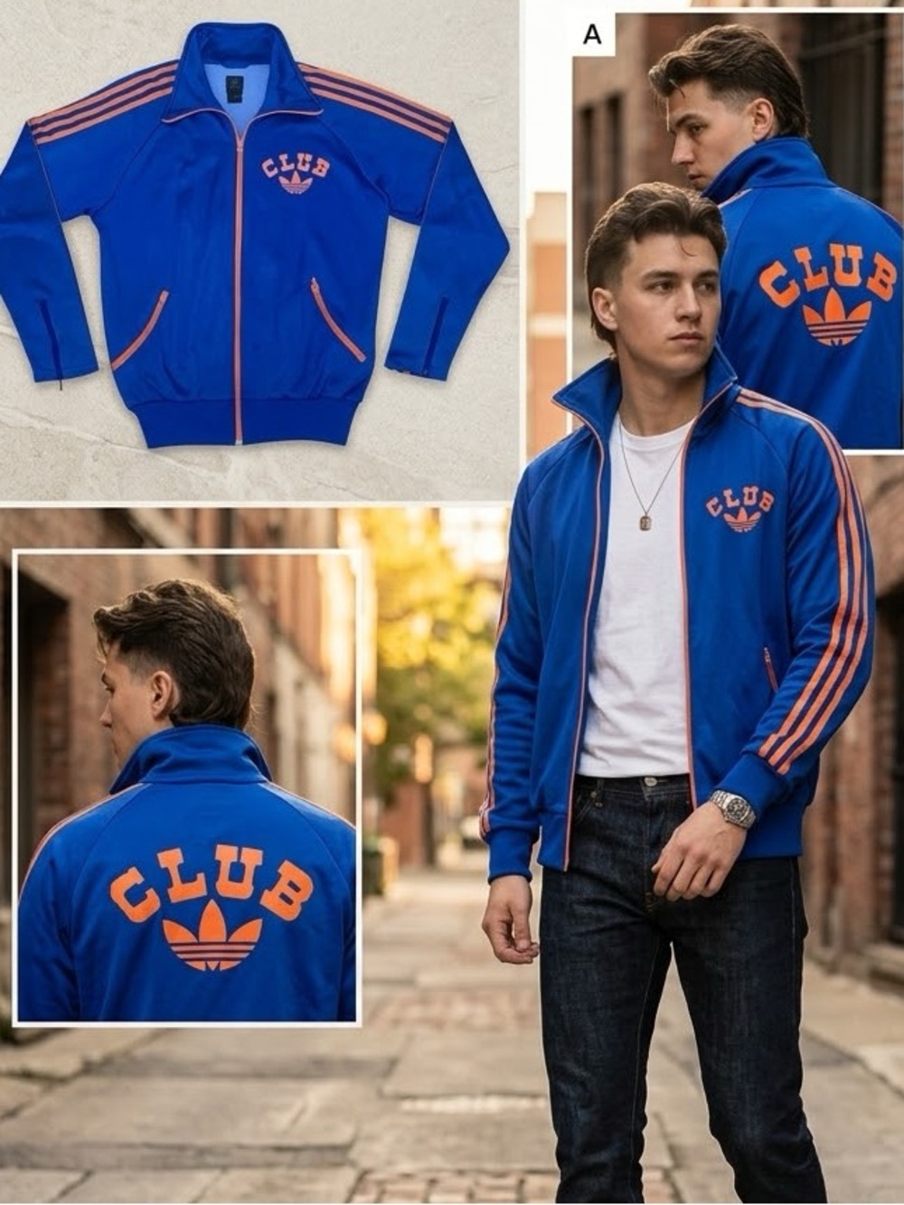 Vintage Adidas Club Trefoil Three Stripe Blue and Orange Track Jacket